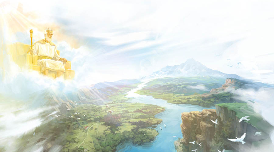 Jesús, como rey, sentado en su trono en el cielo gobernando la Tierra convertida en un paraíso.