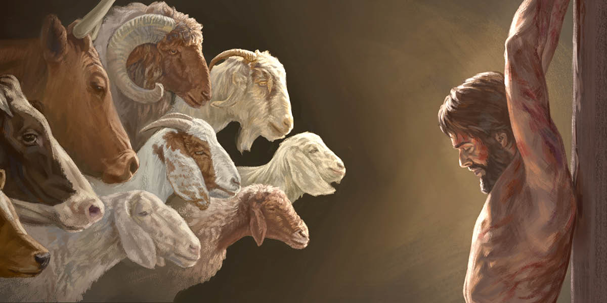 Serie de imágenes: 1. Diferentes animales del ganado que se usaban para hacer sacrificios. 2. Jesús en el madero de tormento.