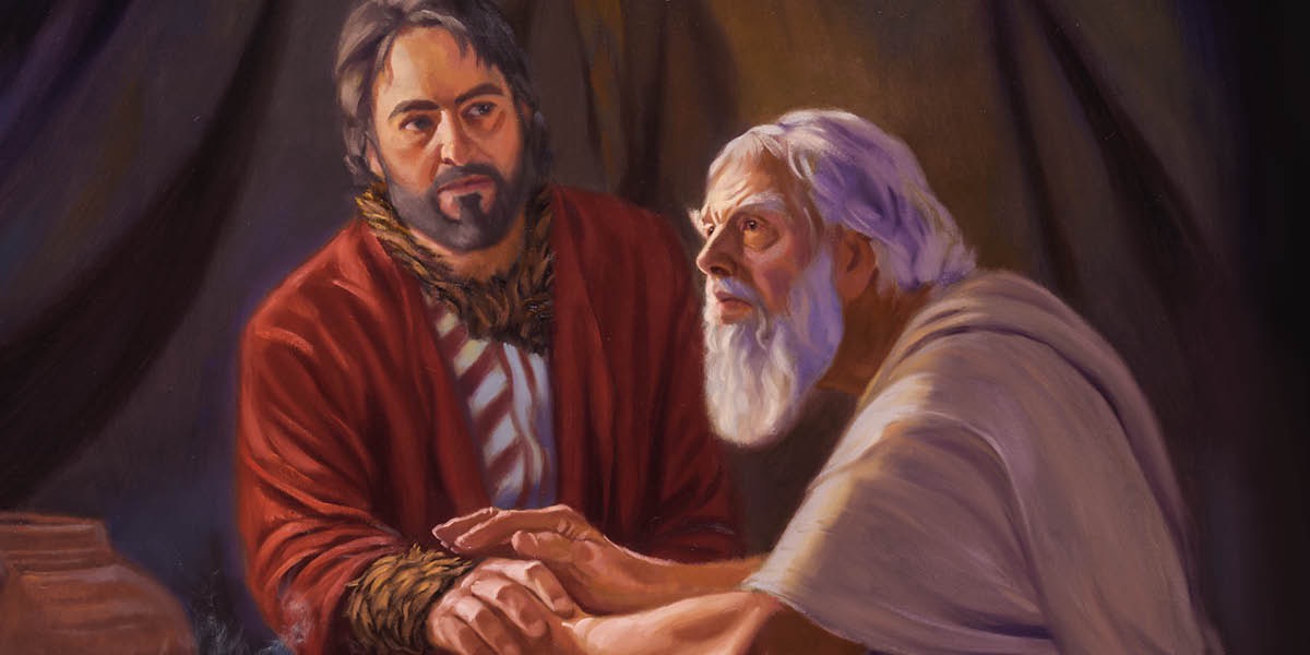 Jacob vestido con la ropa de Esaú y con piel de cabrito en su cuello y brazos, e Isaac tocando su brazo