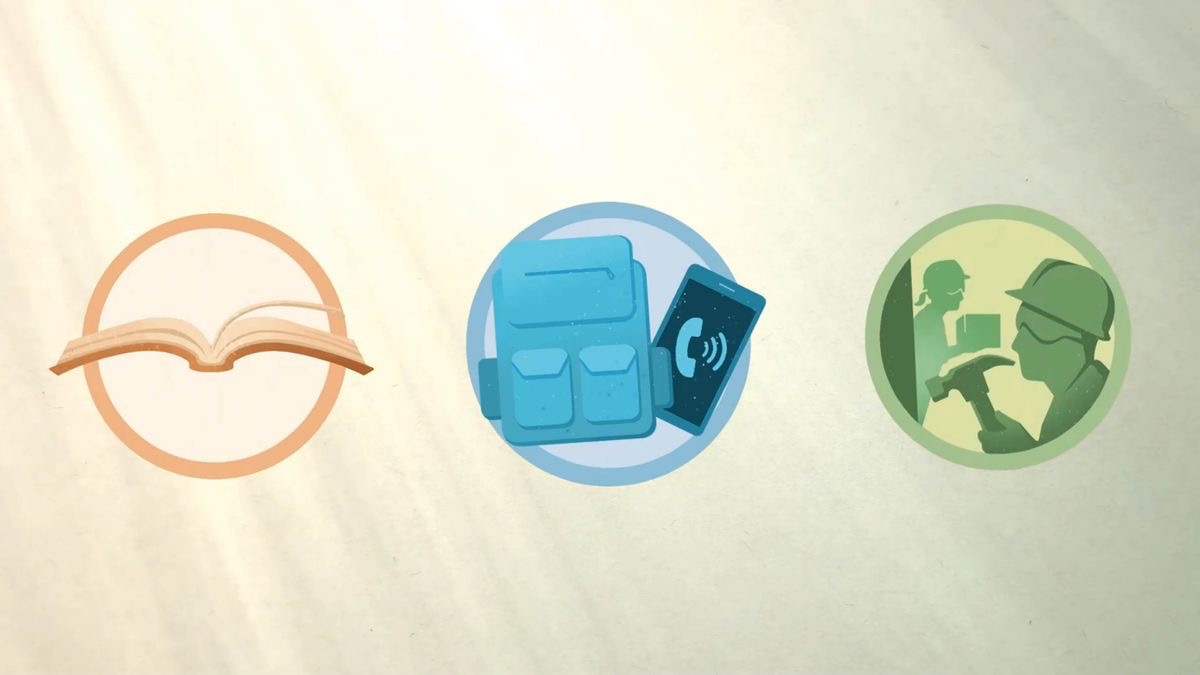 Imagen del video “¿Está usted preparado para una emergencia?”. Dibujos de una Biblia, una mochila de emergencia y un celular, y obreros en una construcción.