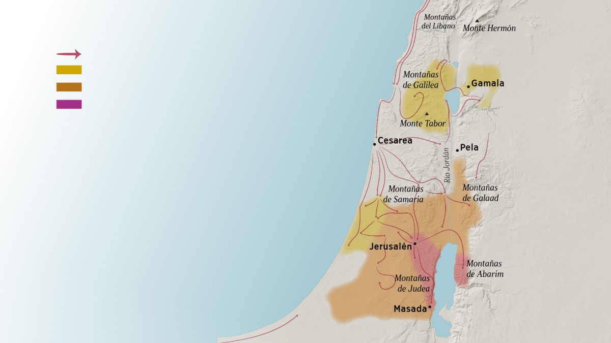 Un mapa que marca algunas montañas y ciudades de Israel en el siglo primero. Al norte de Jerusalén están las montañas del Líbano, las de Galilea, las de Samaria y las de Galaad, el monte Hermón y el monte Tabor, y también las ciudades de Gamala, Cesarea y Pela. Al sur de Jerusalén están las montañas de Judea y de Abarim, y la ciudad de Masada. En el mapa también se muestran las rutas que siguieron los romanos en sus campañas militares y las zonas que perdieron los judíos entre los años 67 y 73.