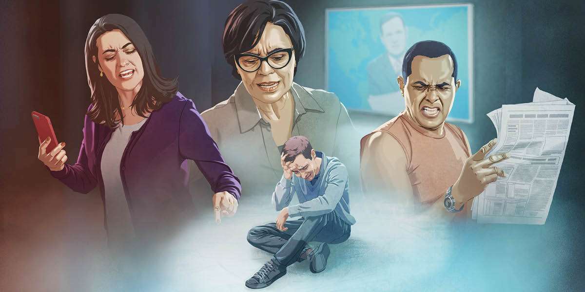 Di picha dehn: Wahn man di tink bowt aal di haychrid rong ahn weh di mek ih sofa. 1. Wahn laydi weh ga wahn foan eena ih han di rayl op aata ahn, an ih mek ih feel wertles. 2. Wahn nada laydi di luk dong pan ahn. 3. Wahn man weh di reed di nyoozpaypa di mek op ih fays aata ahn. 4. Wahn nyooz ripoata deh pahn TV.