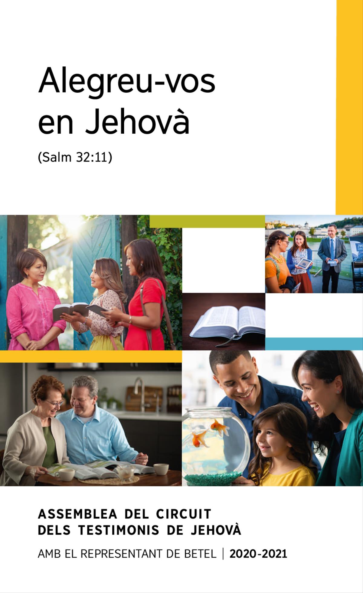 Collage: 1. Una família contenta mira un peixet en una peixera. 2. Dos testimonis de Jehovà analitzen un text bíblic amb una dona en sa casa. 3. Una parella estudia la Bíblia amb l’ajuda de publicacions bíbliques. 4. Una bíblia oberta. 5. Una parella mostra un vídeo bíblic a una dona en el carrer.