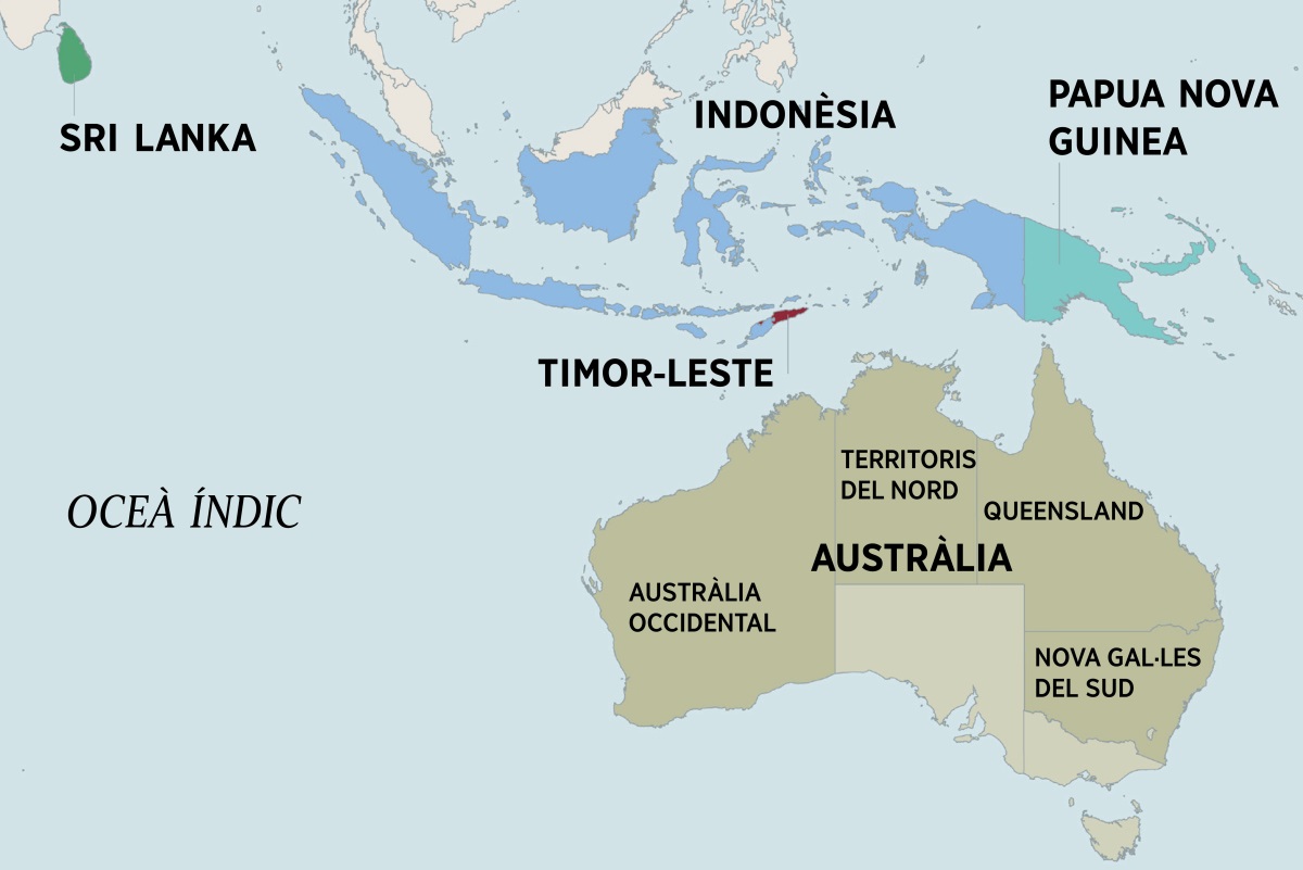 Un mapa d’Austràlia i els països del voltant, Sri Lanka, Indonèsia, Papua Nova Guinea i Timor-Leste. El mapa d’Austràlia mostra els estats del nord, de l’oest, Queensland i Nova Gal·les del Sud.