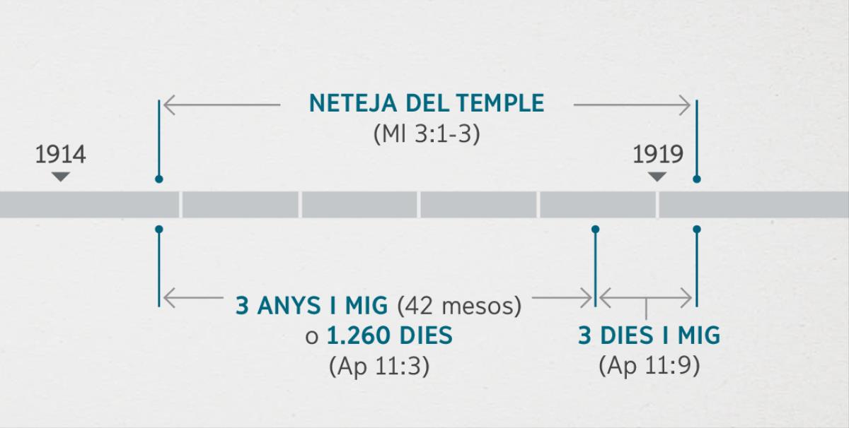 Apocalipsi 11:1, 2 relaciona estos esdeveniments amb la inspecció i la neteja del temple espiritual descrites en Malaquies 3:1-3. La línia del temps profètica mostra el següent: la neteja del temple des de finals del 1914 fins a principis del 1919; 3 anys i mig, o 1.260 dies, des de finals del 1914 fins a principis del 1918; 3 dies i mig des de principis del 1918 fins a principis del 1919.