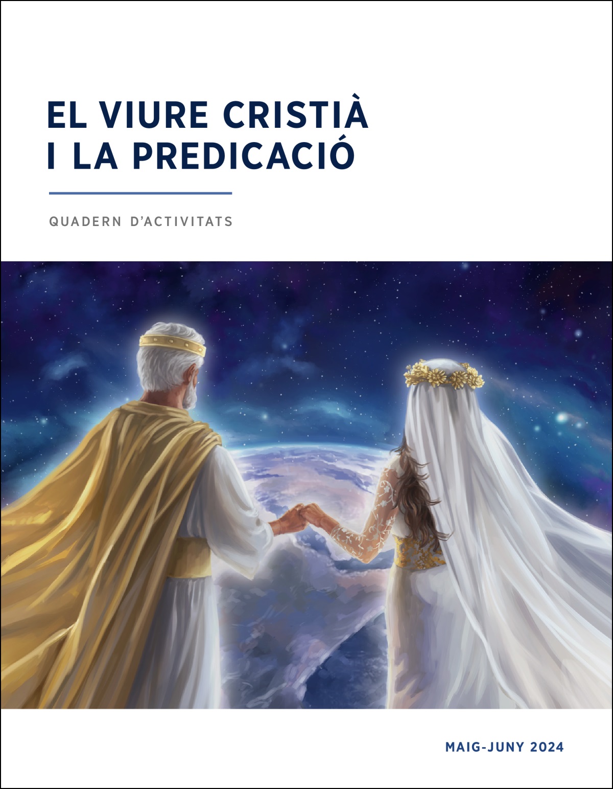 Jesús i la seua nóvia simbòlica agarrats de la mà observant la terra des del cel.