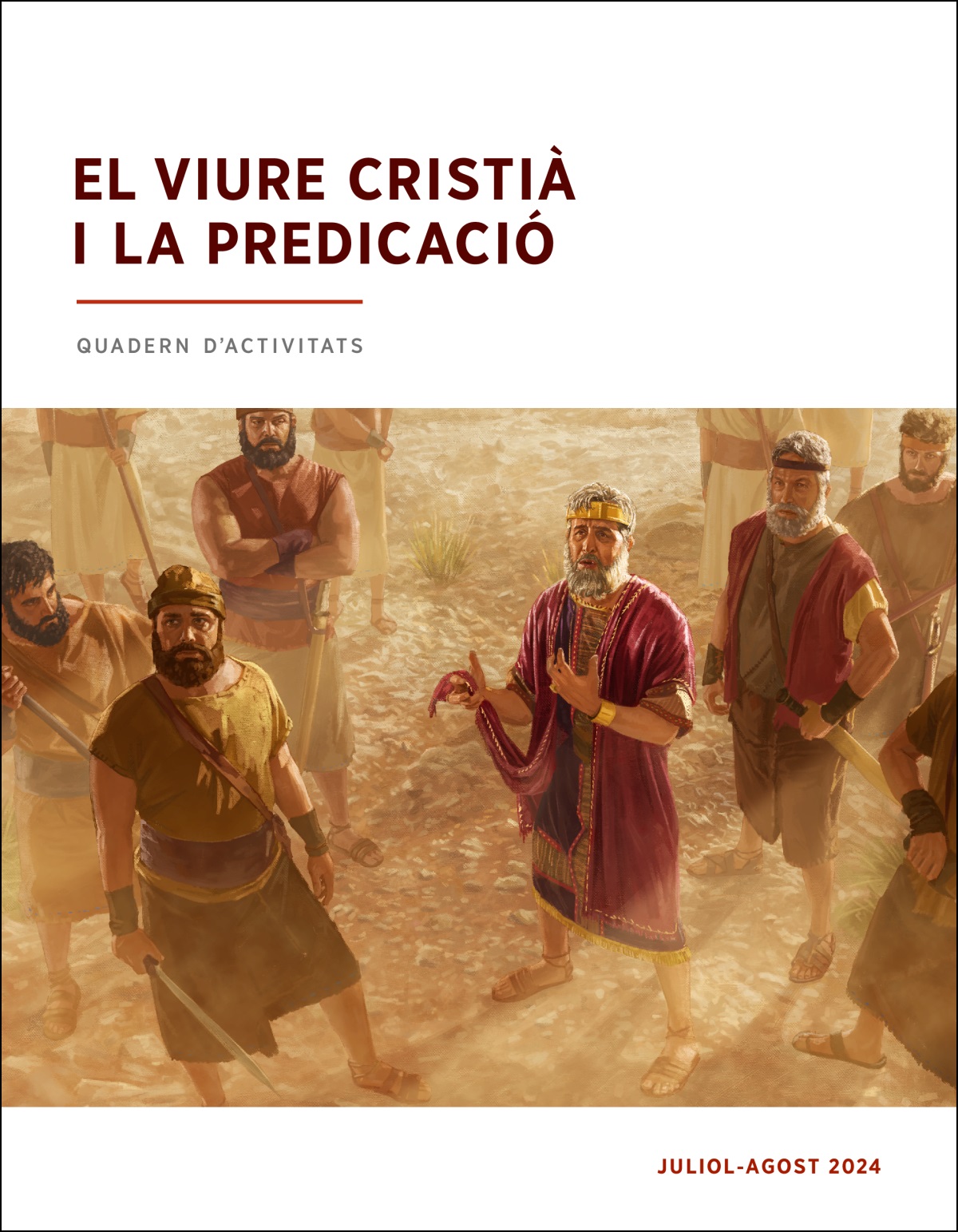 El rei Saül, enmig dels seus soldats, mirant cap amunt i parlant mentres sosté la vora de la seua túnica sense mànegues.