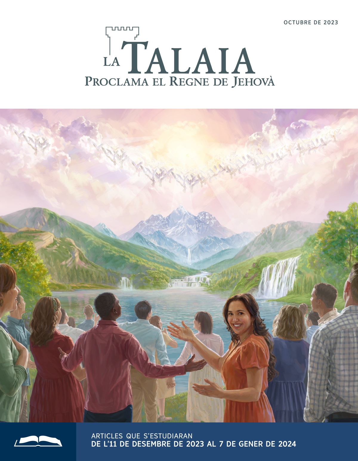 Àngels en el cel i persones en la terra convertida en un paradís alabant a Jehovà amb alegria.