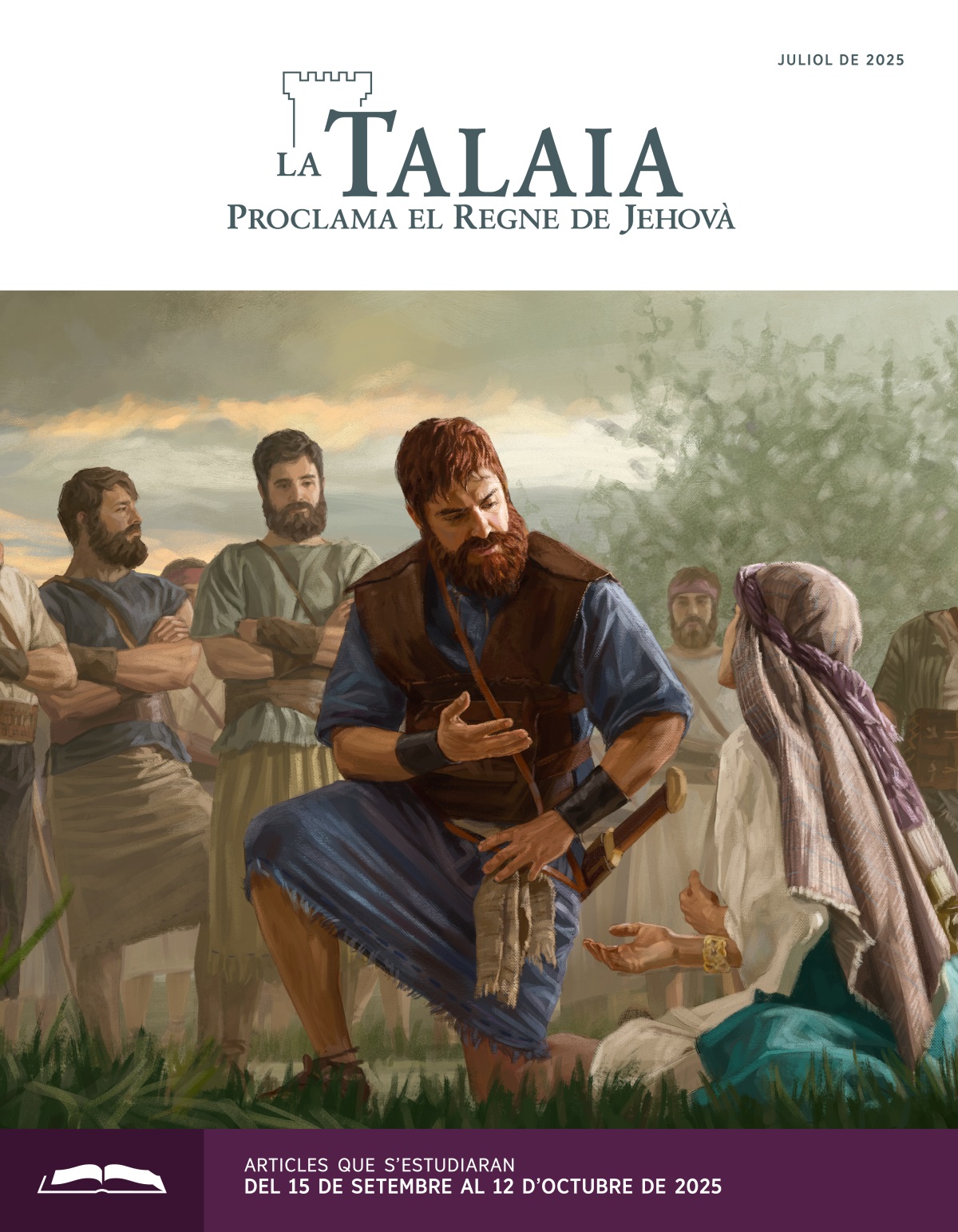 El rei David escoltant amb atenció a Abigaïl, la qual està assentada en terra suplicant-li. Els hòmens de David observen de prop.