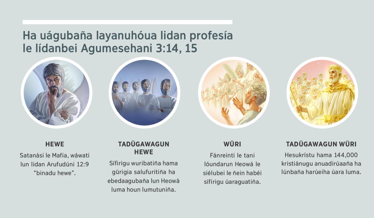 Fiu iyawaü lidan aban: “Ha iridúbaña lidan profesía le lídanbei Agumesehani 3:14, 15”. 1. Hewe: mini tan Satanási le ábanbei sífiri. 2. Tadügawagun hewe: sífirigu wuribatiña. 3. Würi: sífirigu úaraguatiña. 4. Tadügawagun würi: Hesukrístu hama ha lúnbaña harúeihan luma sielu. Águyuguagüdüwatu iyawaü lidan párafu 4, 5, 7, 8 luma 9.