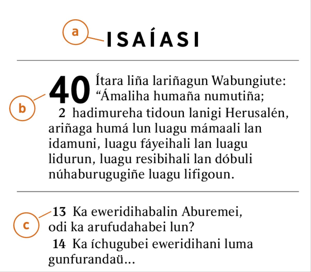 Aban fánreinti tídangiñeti Bíbülia máküwañu lun larufudúniwa a) líburu, b) kapítulu luma c) bérusu