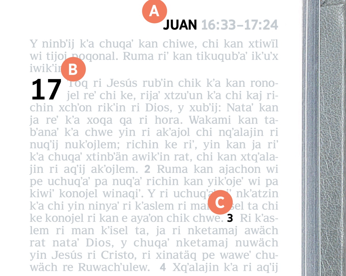 Etiquetas ri nkikʼüt ri peraj A, B chuqaʼ C chupam jun ruxaq ri Biblia