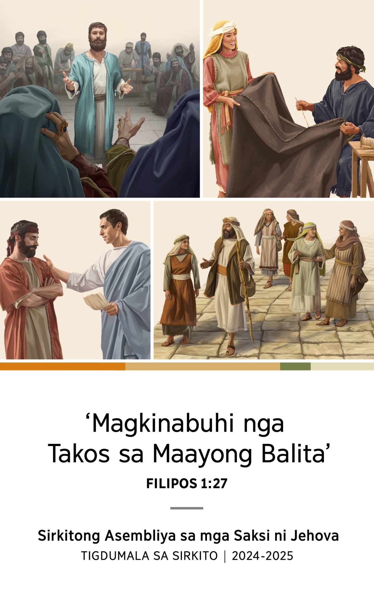 Collage: 1. Gidepensahan ni Esteban ang iyang pagtuo atubangan sa Sanhedrin. 2. Si Aquila ug Priscila magkauban nga naghimog tolda. 3. Si Felipe, ang iyang asawa, ug ang ilang upat ka anak nga babaye naglakaw sa dalan. 4. Si Tito nakig-estorya sa usa ka ansiyano.