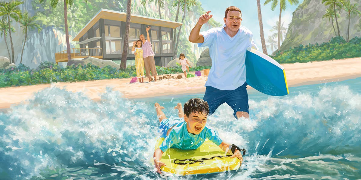 Batang lalaki ug iyang amahan nag-surfing sa dagat, samtang ang inahan ug mga anak nga babaye nagtan-aw gikan sa baybayon.