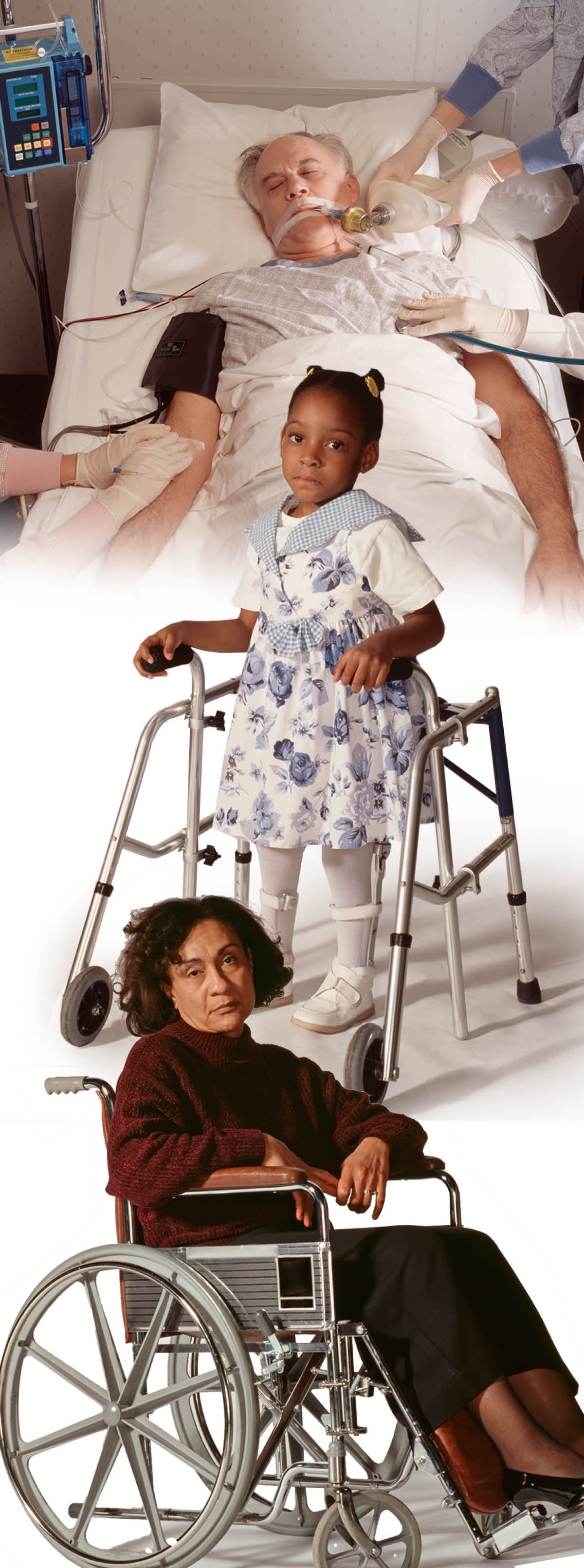 Tawo nga naospital; batang babaye nga naay walker; babaye diha sa wheelchair