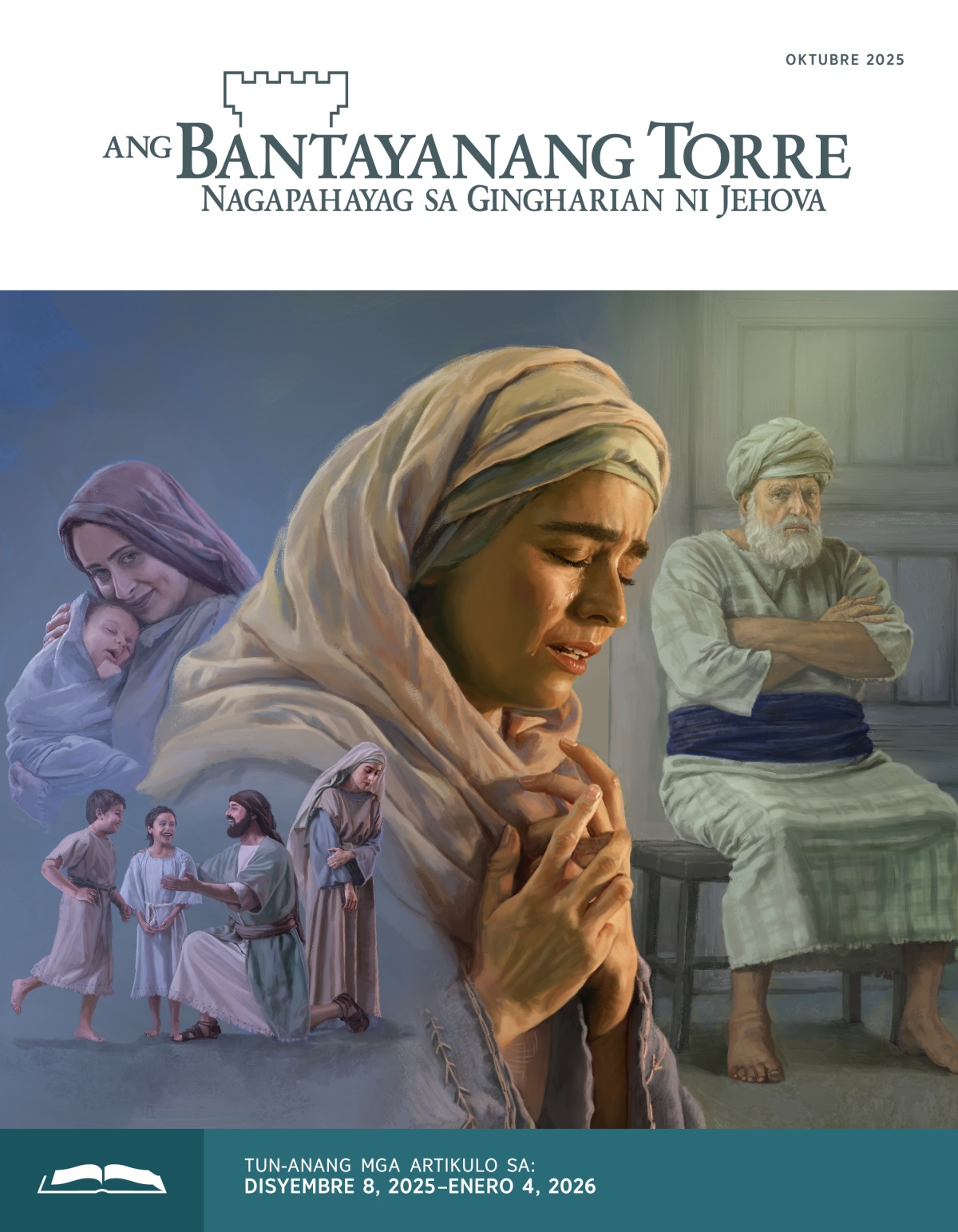 Collage: 1. Si Ana naguol pag-ayo samtang si Elkana nakigdula sa iyang duha ka anak. 2. Si Penina nagpahiyom nga nagkugos sa iyang bag-ong natawo nga bata. 3. Si Ana naghilak samtang kinasingkasing nga nag-ampo. 4. Ang hataas nga saserdoteng si Eli naglingkod ug nagtan-aw nga mahukmanon kang Ana.