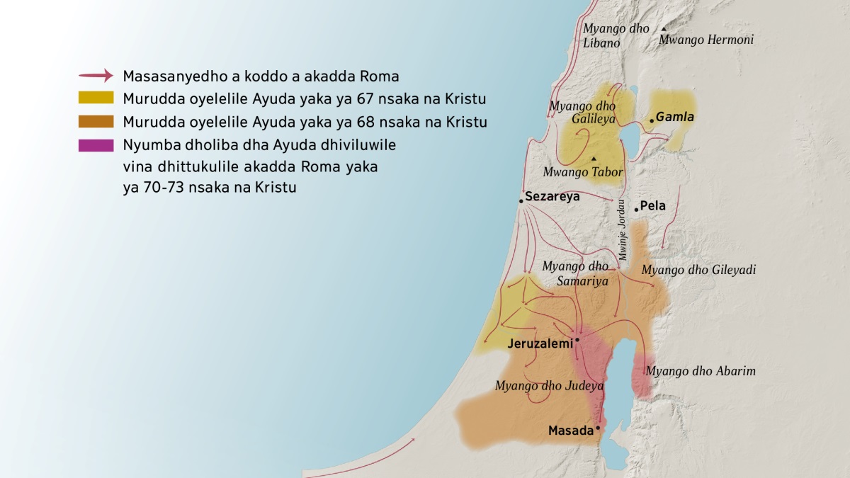 Mapa anlagiha myango dhing’onovi vina Sidadi dha Izrayel a Sekulu yoroma. O norte w’o Jeruzalemi onofwanyeya myango dho Líbano, dho Galileya, dho Samariya vina dho Gileyadi, onofwanyeya vina Mwango Hermoni vina Mwango Tabor. Sidadi dho norte y’o Jeruzalemi sisi: Gamla, Sezareya vina Pela. O sul y’o Jeruzalemi onofwanyeya myang’o dho Judeya vina Abarim, onofwanyeya vina sidadi ya Masada. Mapaya vina anolagiha dila dhivirile akadda Roma vina mirudda dhiyelelile Ayuda oromana yaka ya 67 N.K. mpaka 73 N.K.