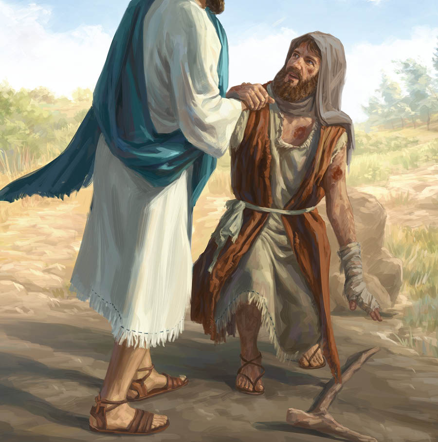 Jesus curing a man who is suffering from leprosy.
