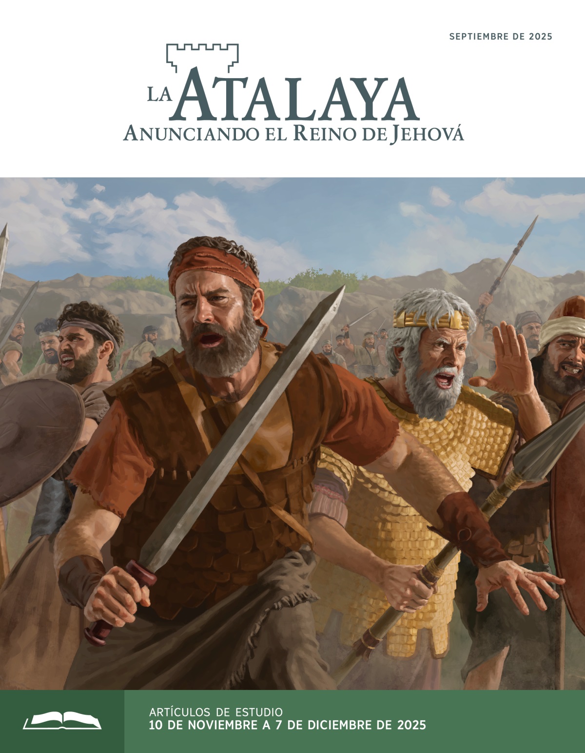 Jonatán, Saúl y los soldados israelitas con sus espadas, lanzas y escudos peleando en un campo de batalla.