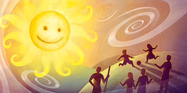 微笑的大太陽和打旋的新鮮空氣；人們在戶外玩耍、活動