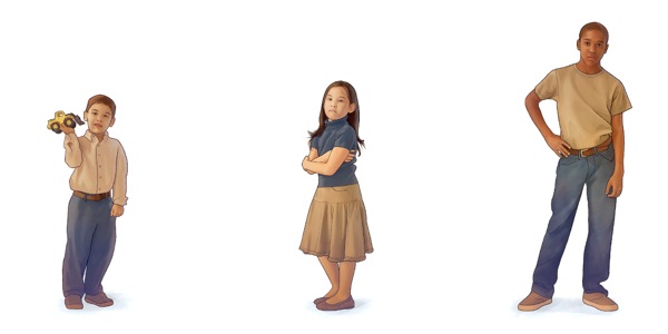 1．手上拿著玩具的4歲男孩；2．抱著雙手，看起來很不耐煩的5歲女孩；3．一手叉腰的12歲男孩