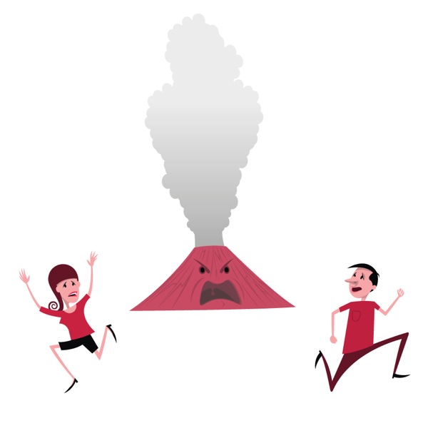 兩個人逃離快要爆發的火山