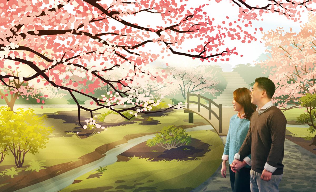 一對夫妻欣賞樂園裡的美景。