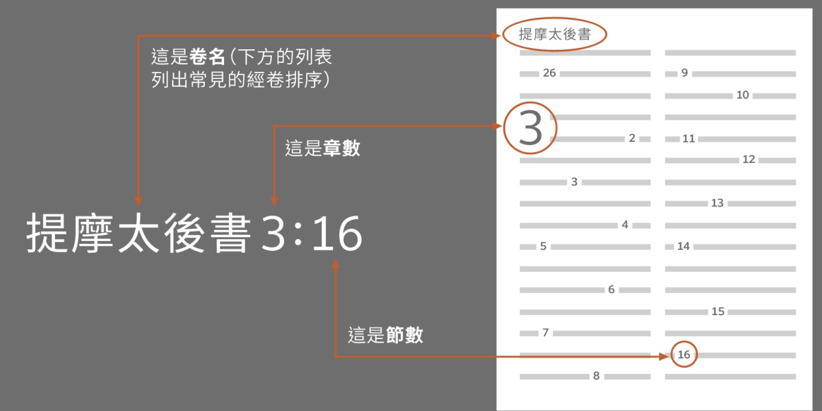 怎樣在聖經裡找到提摩太後書3:16。你會先看到卷名，例如提摩太後書（下方的列表列出常見的經卷排序），第一個數字代表的是章數，比如第3章；接著的數字代表節數，比如第16節。