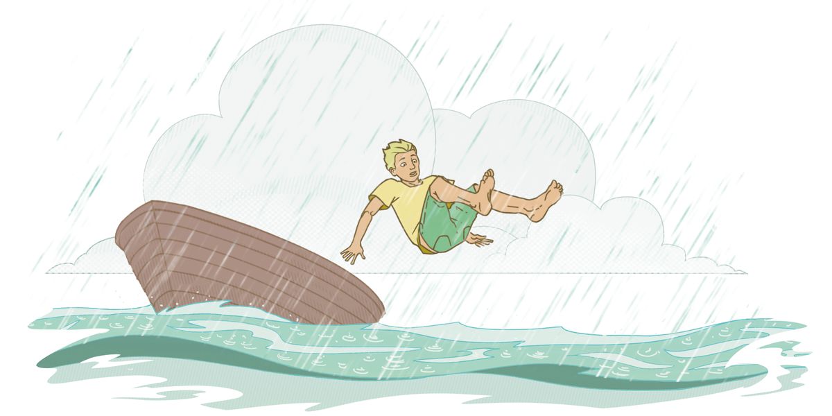 一個年輕男子在暴雨中從船上跳入大海。