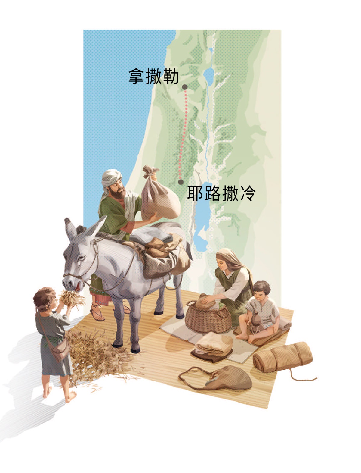 系列圖片：約瑟和馬利亞帶著耶穌和他的弟弟為遠行作準備。圖1：約瑟把一袋袋的東西放在驢背上，馬利亞在準備食物。圖2：拿撒勒到耶路撒冷的路線圖。