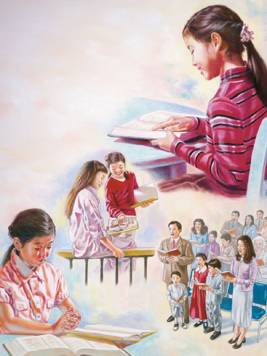 女孩讀聖經；跟另一位女孩傳道；跟家人參加聚會；向耶和華禱告