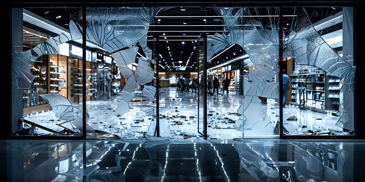 商店的玻璃門被打碎，搶匪在店裡搶劫。