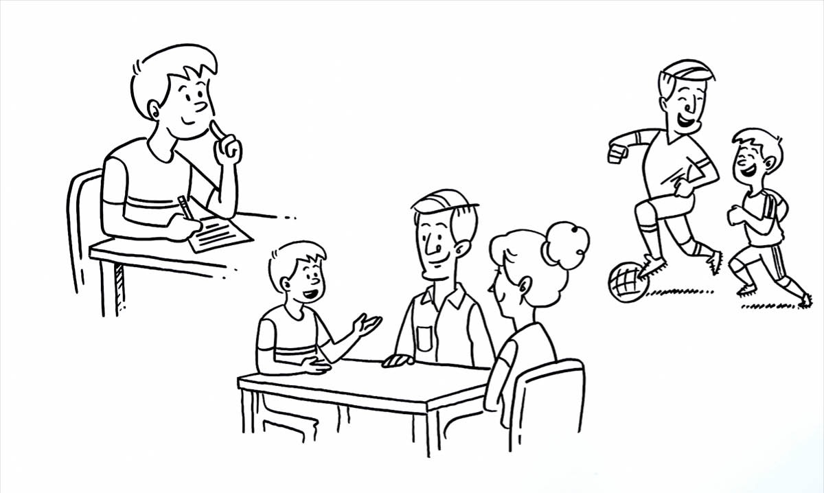 一個男孩給父母寫信，跟父母聊天，跟爸爸踢足球