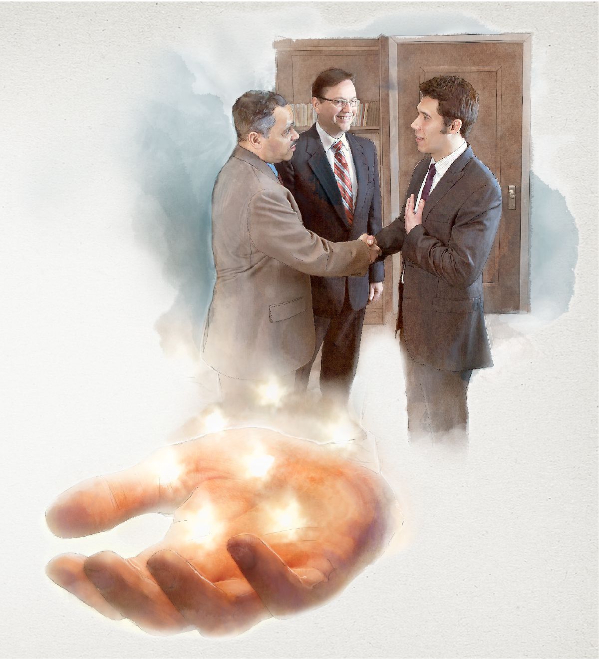 兩個長老和一個弟兄談話；耶穌的手上有七顆星
