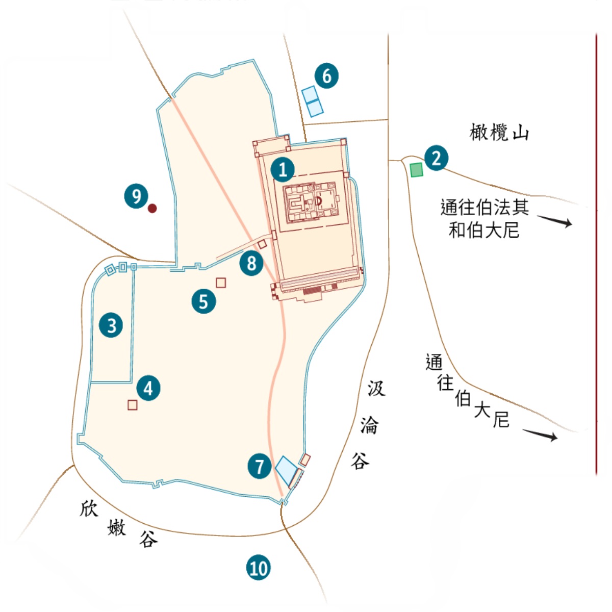 耶路撒冷及附近一帶的地圖。以下是標示出來的地點，其中有的位置確定，有的不太確定:（1）聖殿；（2）客西馬尼園；（3）總督府；（4）該亞法的府第；（5）希律·安提帕使用的宮殿；（6）畢士特池；（7）西羅亞池；（8）公議會大廳；（9）各各他；（10）亞革大馬。