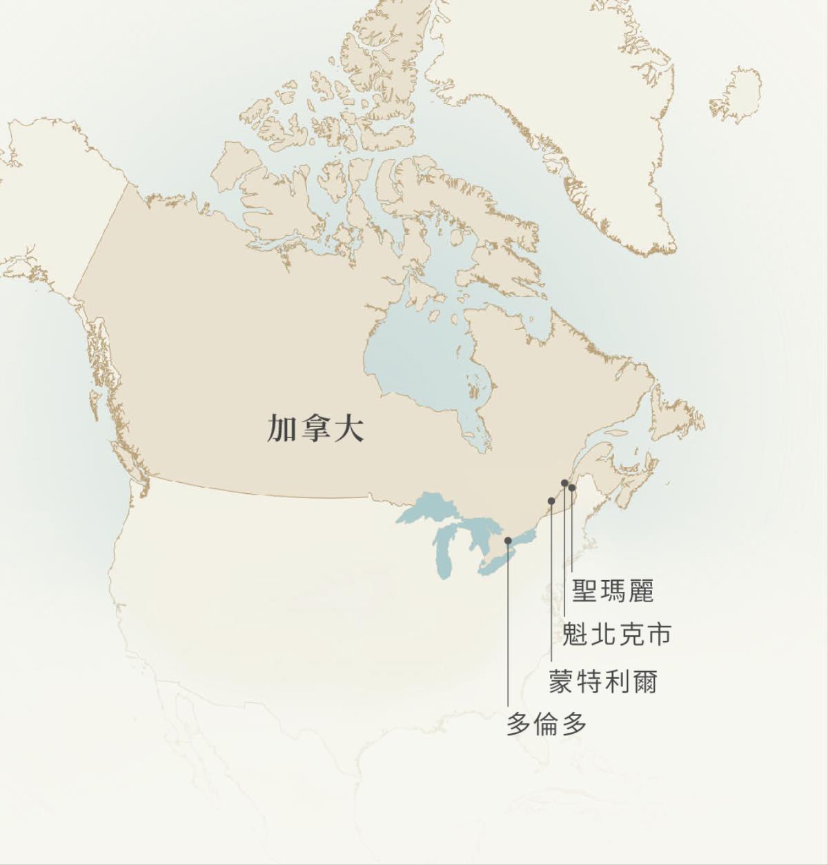 加拿大地圖，顯示利安斯·克利普曾經服務過的一些城市：聖瑪麗、魁北克市、蒙特利爾和多倫多。