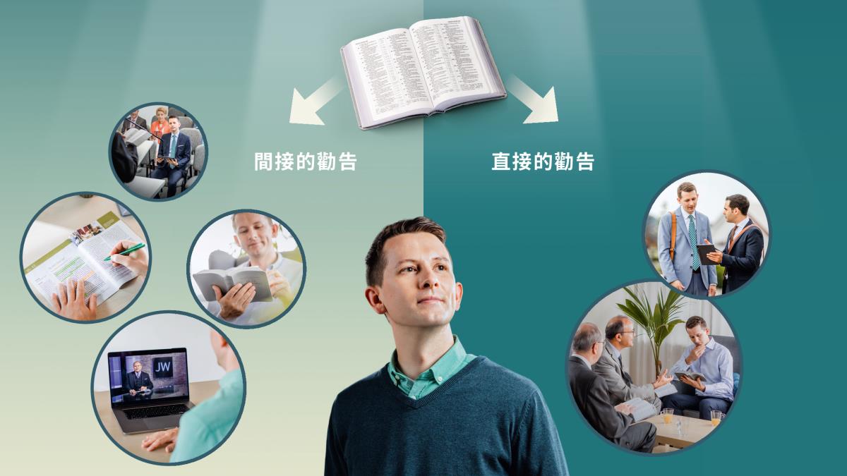 一個弟兄思考自己可能以哪些方式受到勸告。他的上方有一本打開的聖經，指向他可能間接或直接受到勸告的幾種方式。圖1：間接的勸告。這個弟兄參加會眾的聚會，研讀聖經，觀看JW電視的節目，研讀聖經出版物。圖2：直接的勸告。另一個弟兄用平板電腦分享一些資料，這個弟兄認真地聆聽。兩個長老給他牧養探訪。