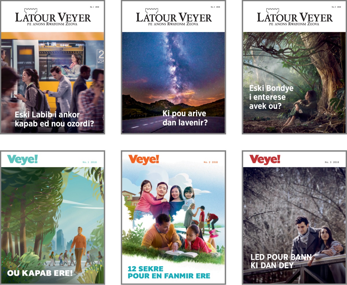 Portre: Size lo kouvertir ‘Latour Veyer’ ek ‘Veye!’ pour 2018. 1. ‘Eski Labib i ankor kapab ed nou ozordi?’ 2. ‘Ki pou arive dan lavenir?’ 3. ‘Eski Bondye i enterese avek ou?’ 4. ‘Ou kapab ere!’ 5. ‘12 Sekre pour en fanmir ere.’ 6. ‘Led pour bann ki dan dey.’