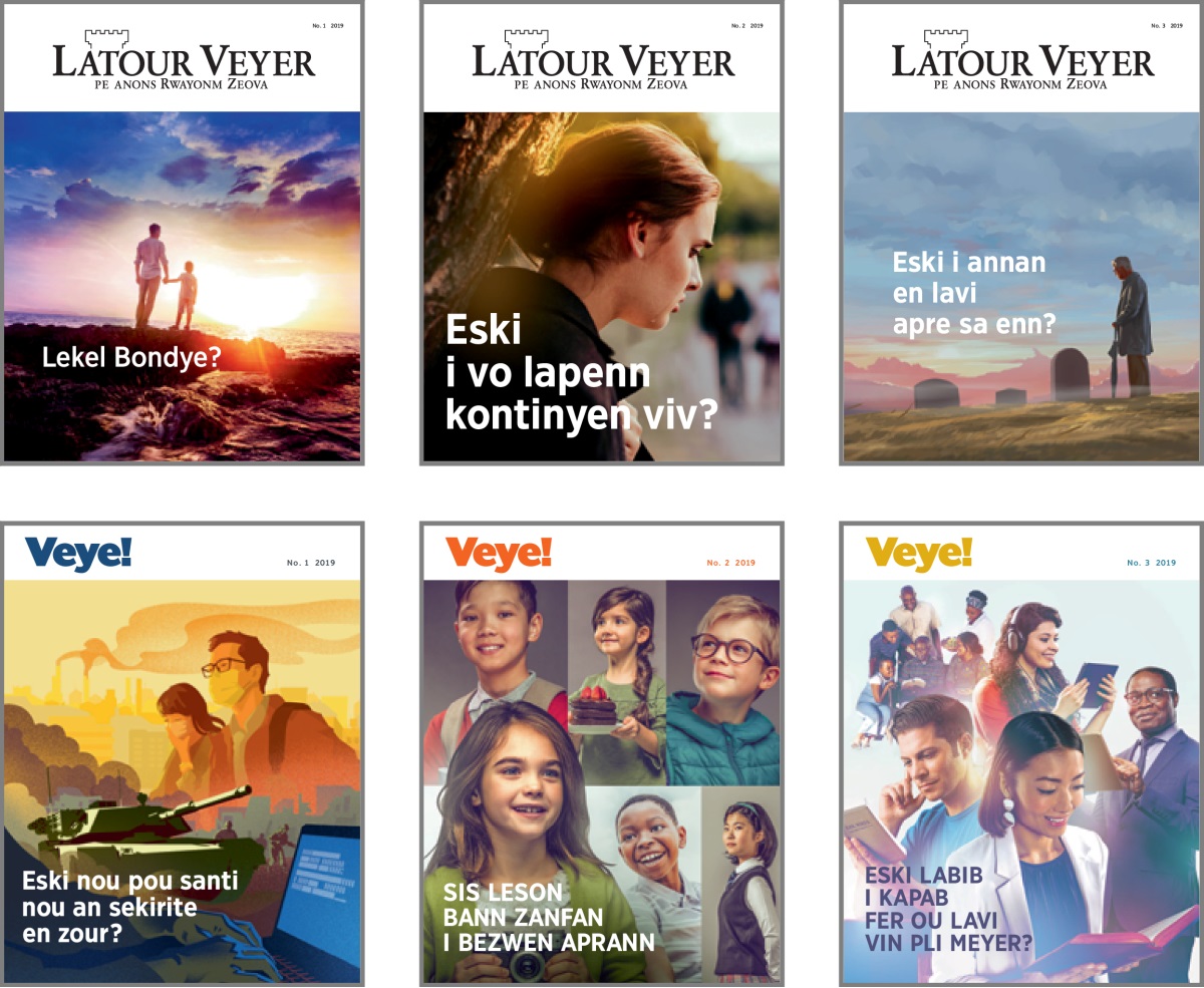 Portre: Size lo kouvertir ‘Latour Veyer’ ek ‘Veye!’ pour 2019. 1. ‘Lekel Bondye?’ 2. ‘Eski i vo lapenn kontinyen viv?’ 3. ‘Eski i annan en lavi apre sa enn?’ 4. ‘Eski nou pou santi nou an sekirite en zour?’ 5. ‘Sis leson bann zanfan i bezwen aprann.’ 6. ‘Eski Labib i kapab fer ou lavi vin pli meyer?’