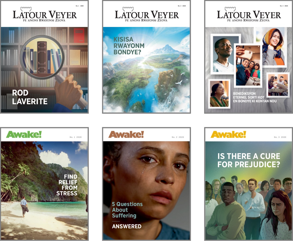Portre: Size lo kouvertir ‘Latour Veyer’ ek ‘Veye!’ pour 2020. 1. ‘Rod laverite.’ 2. ‘Kisisa Rwayonm Bondye?’ 3. ‘Benediksyon eternel sorti kot en Bondye ki kontan nou.’ 4. ‘Find Relief From Stress.’ 5. ‘5 Questions About Suffering Answered.’ 6. ‘Is There a Cure for Prejudice?’