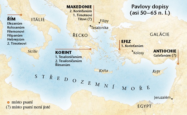 Mapa míst, kde Pavel psal své dopisy