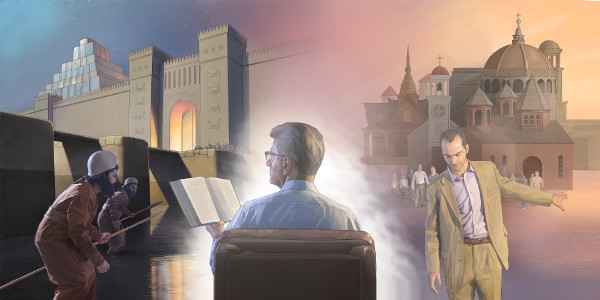 Muž si čte Bibli a představuje si ubývající vody okolo Babylónu a lidi, kteří opouštějí Velký Babylón