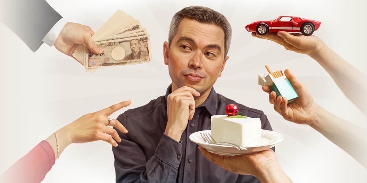 Muže láká rychlé auto, cigarety, jídlo, žena a peníze