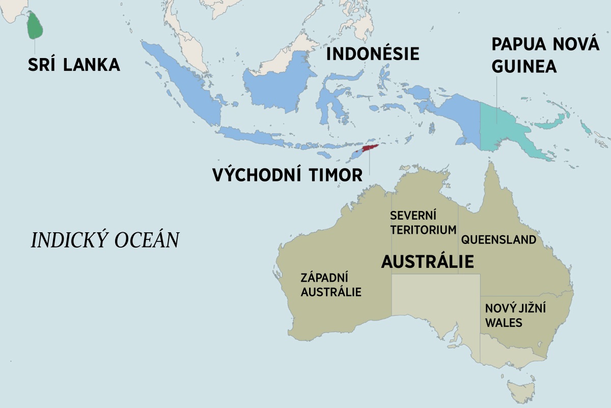Mapa, na které je Austrálie a okolní země – Srí Lanka, Indonésie, Papua Nová Guinea a Východní Timor. Na mapě Austrálie je vyznačené Severní teritorium a státy Západní Austrálie, Queensland a Nový Jižní Wales.