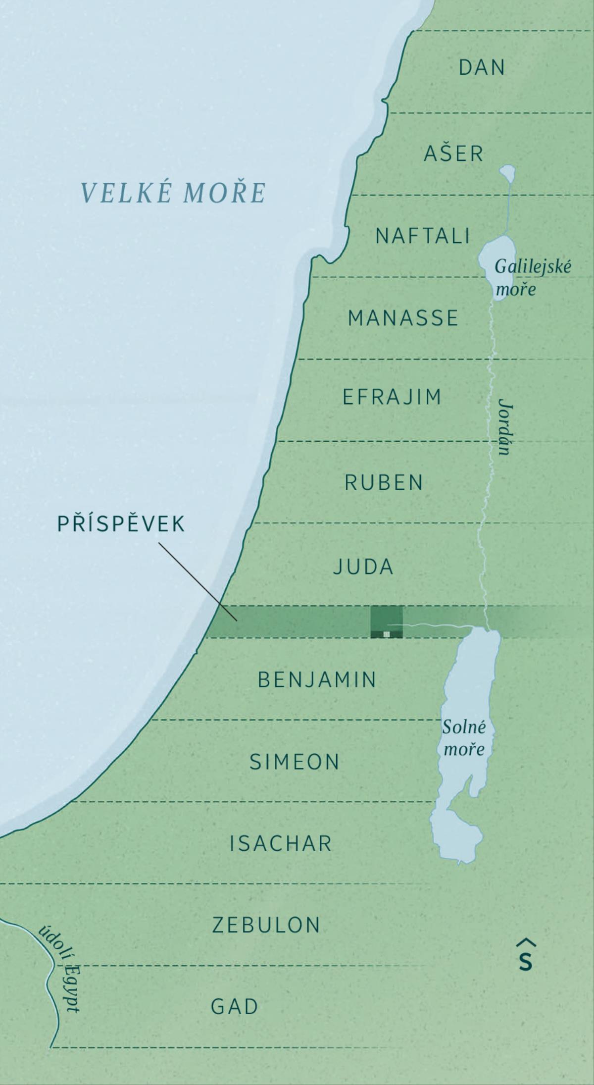 Mapa ukazující hranice podílů země, které měly být přiděleny vyhnancům po jejich návratu, jak to zaznamenal Ezekiel. Jednotlivých kmeny dostaly jako dědičné podíly stejně široké pásy země, které byly od severu k jihu uspořádány takto: Dan, Ašer, Naftali, Manasse, Efrajim, Ruben, Juda, příspěvek (pás země vyhrazený pro vládní účely), Benjamín, Simeon, Isachar, Zebulon a Gad