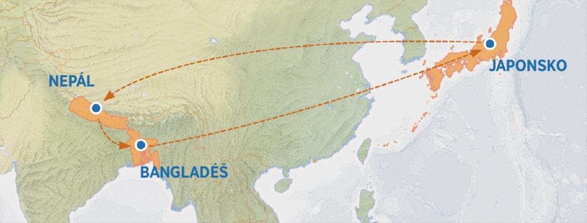 Mapa s trasou z Japonska do Nepálu, Bangladéše a zpátky