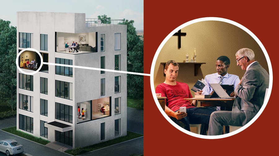 Dva bratři studují Bibli s mladým mužem, který je myšlenkami úplně jinde