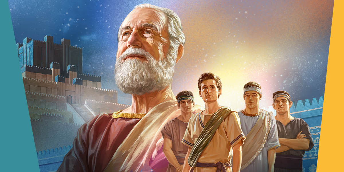 Koláž: 1. Prorok Daniel. 2. Zikkurat ve starověkém městě Babylon. 3. Daniel a jeho tři hebrejští přátelé v mládí