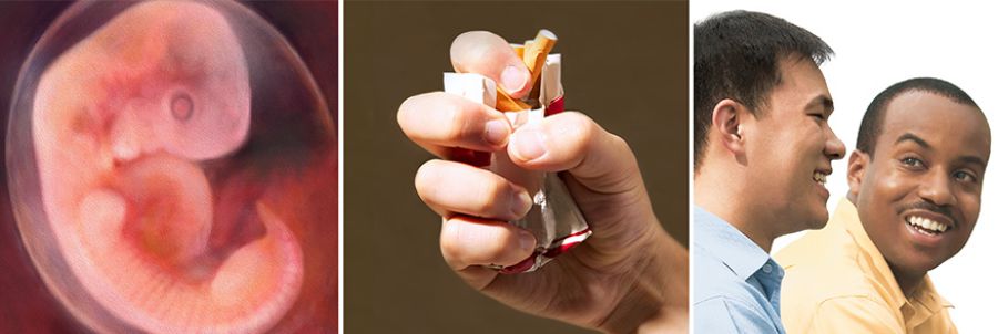 1. Nenarozené dítě; 2. Člověk mačká v ruce krabičku cigaret; 3. Dva přátelé různého etnického původu