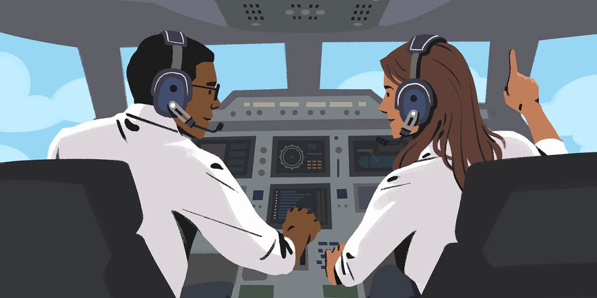 Manželský pár spolupracuje jako pilot a druhý pilot v kokpitu